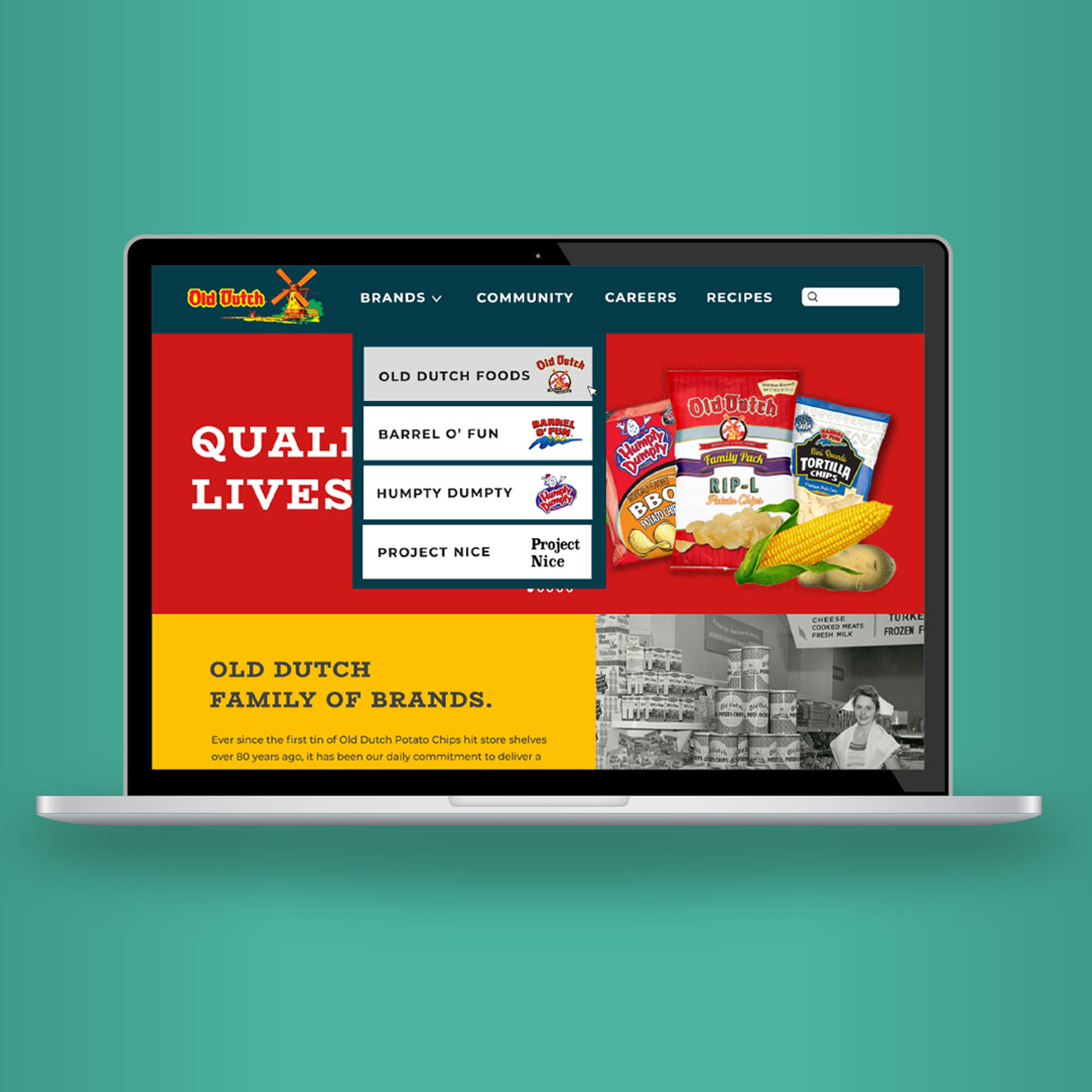 laptop displays drop down menu navigation for chip brands' website design