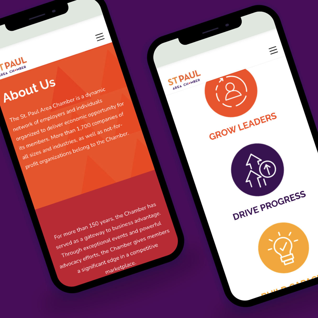 two mobile devices display webpages from the Saint Paul Chamber