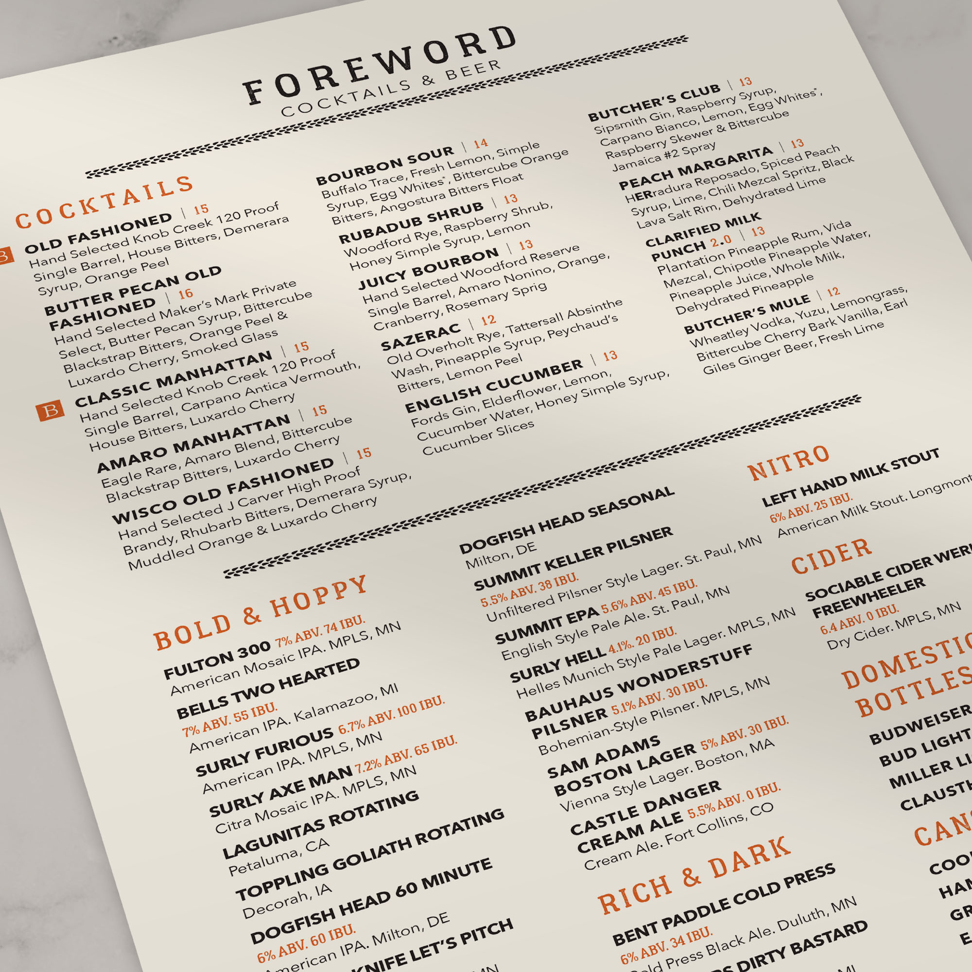 flat lay of the butcher's tale cocktail and beer menu