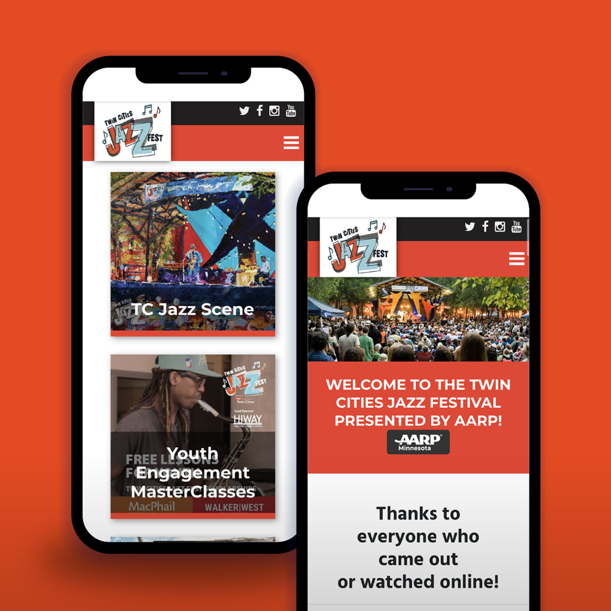 Two mobile devices display mobile responsive web pages for Twin Cities Jazz Fest