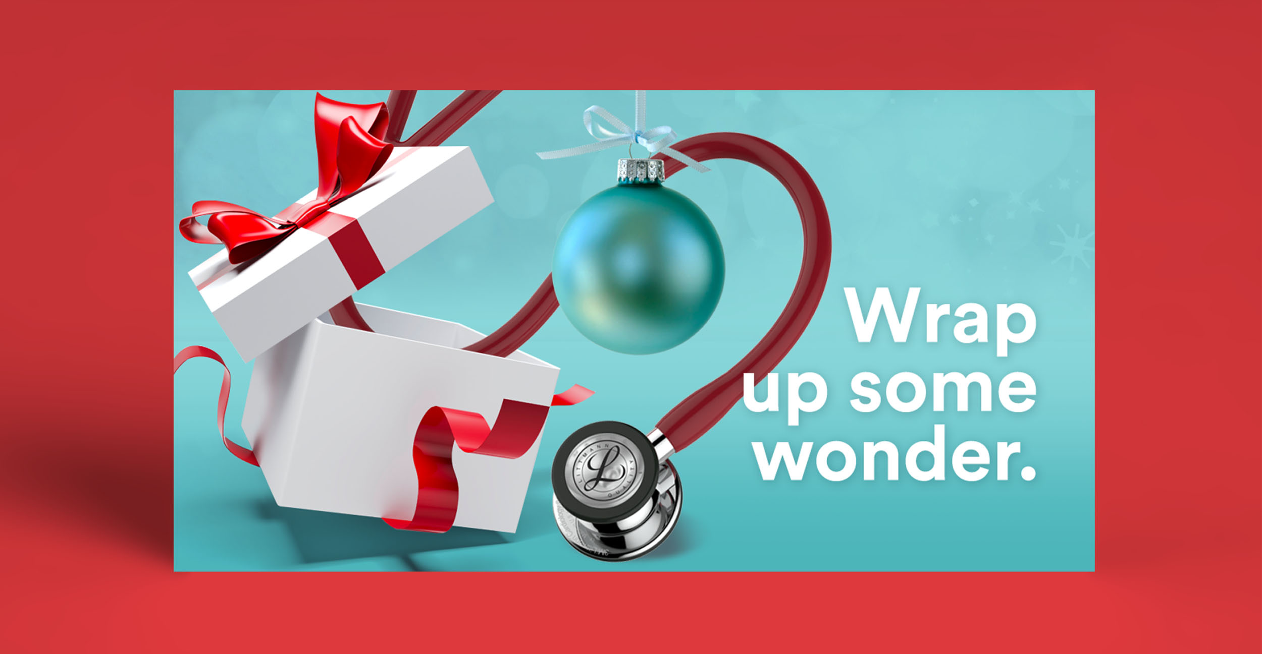 holiday brand impression card for stethoscope company with opened gift box and holiday decoration