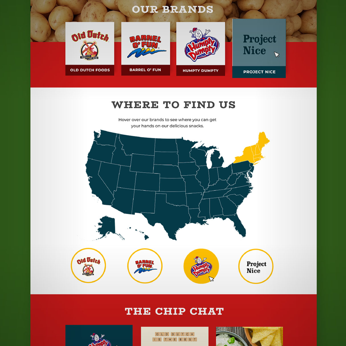 screenshot of website displaying brand product finder for snack chip brands