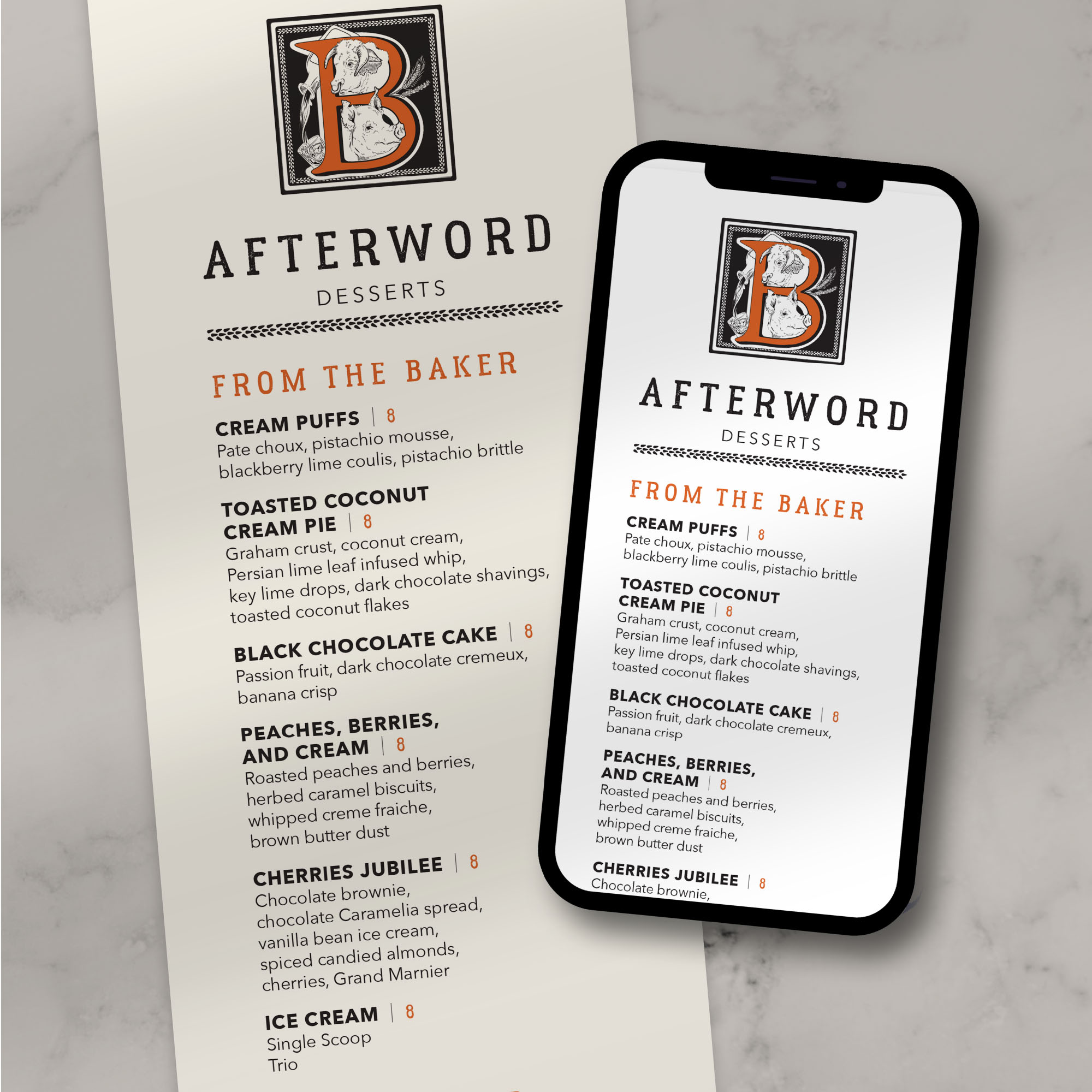 flat lay and mobile device displaying the butcher's tale dessert menu