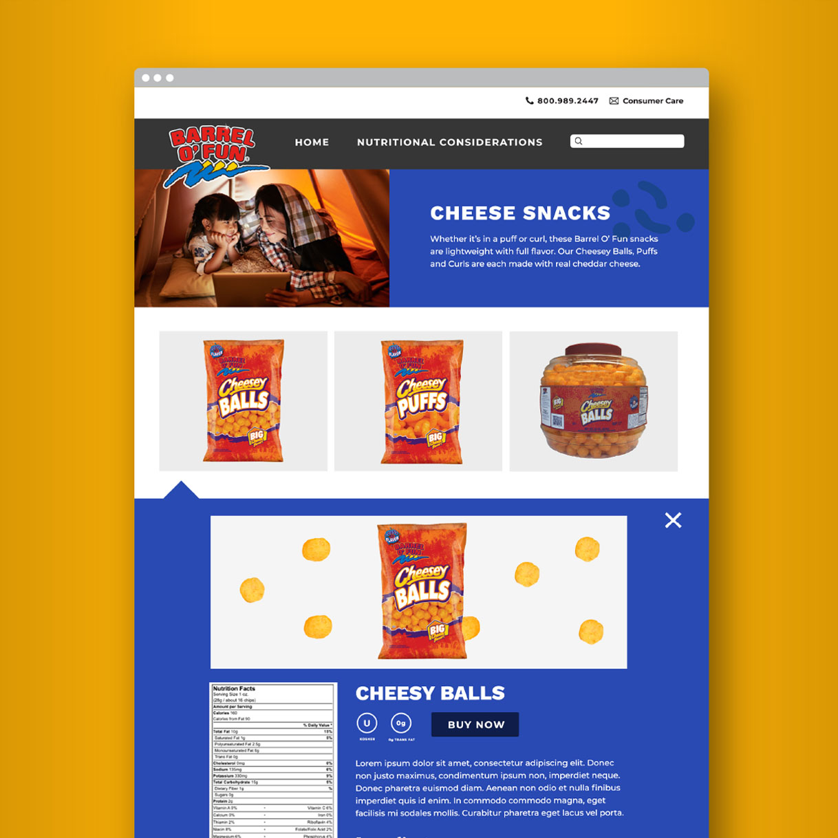 modern browser displays cheese snacks page of professional designed website for snack chip brand