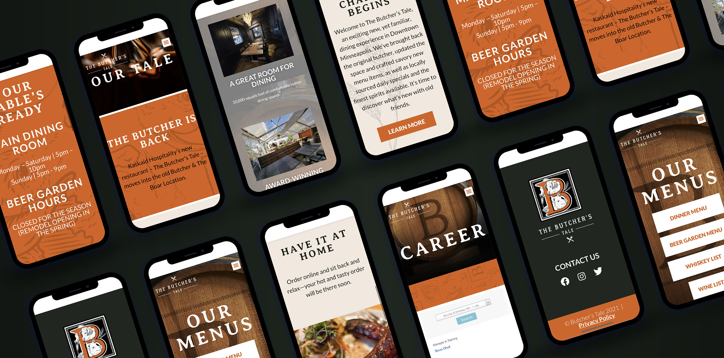 collection of mobile devices display pages of the butcher tale's website