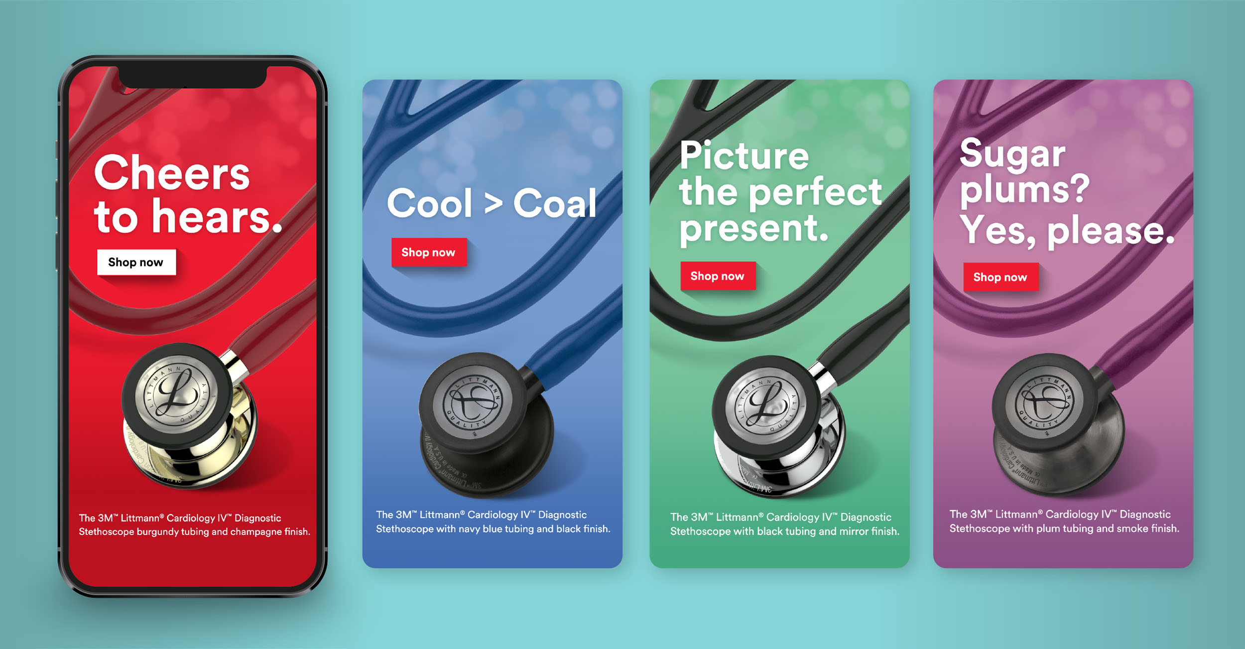 collection of mobile iterations displaying product color variants for stethoscope brand