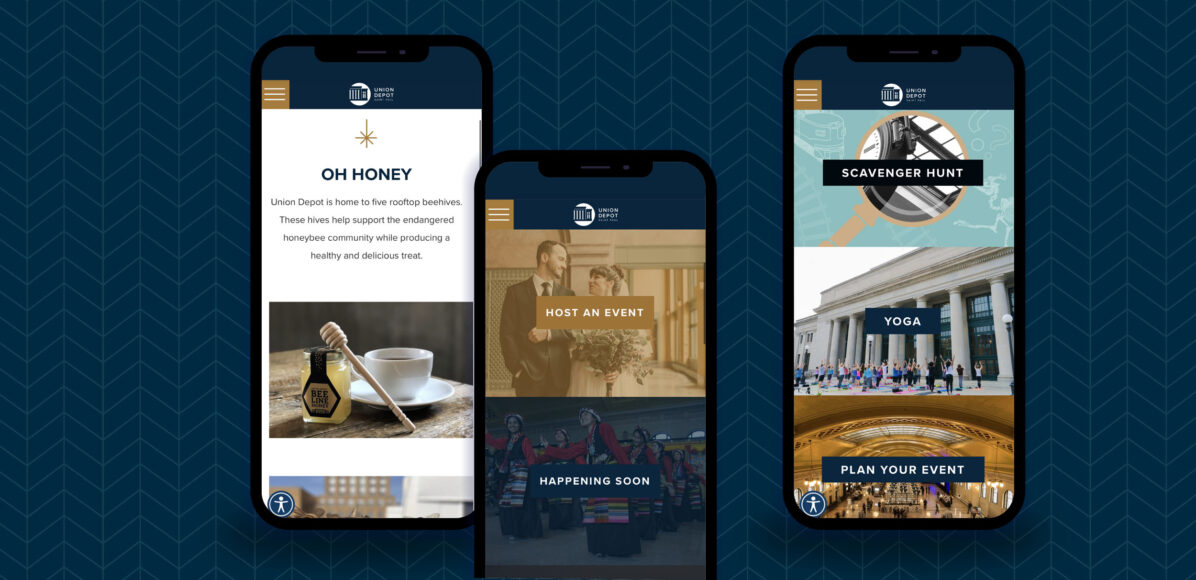 mobile devices display areas of a responsive website for Union Depot