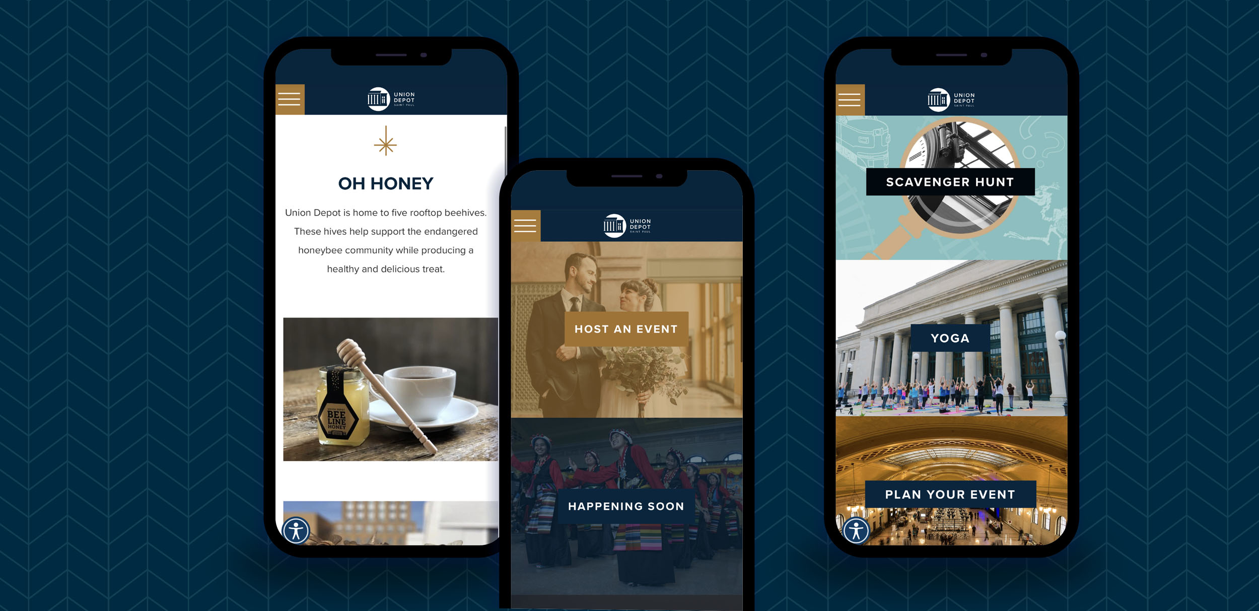 mobile devices display areas of a responsive website for Union Depot