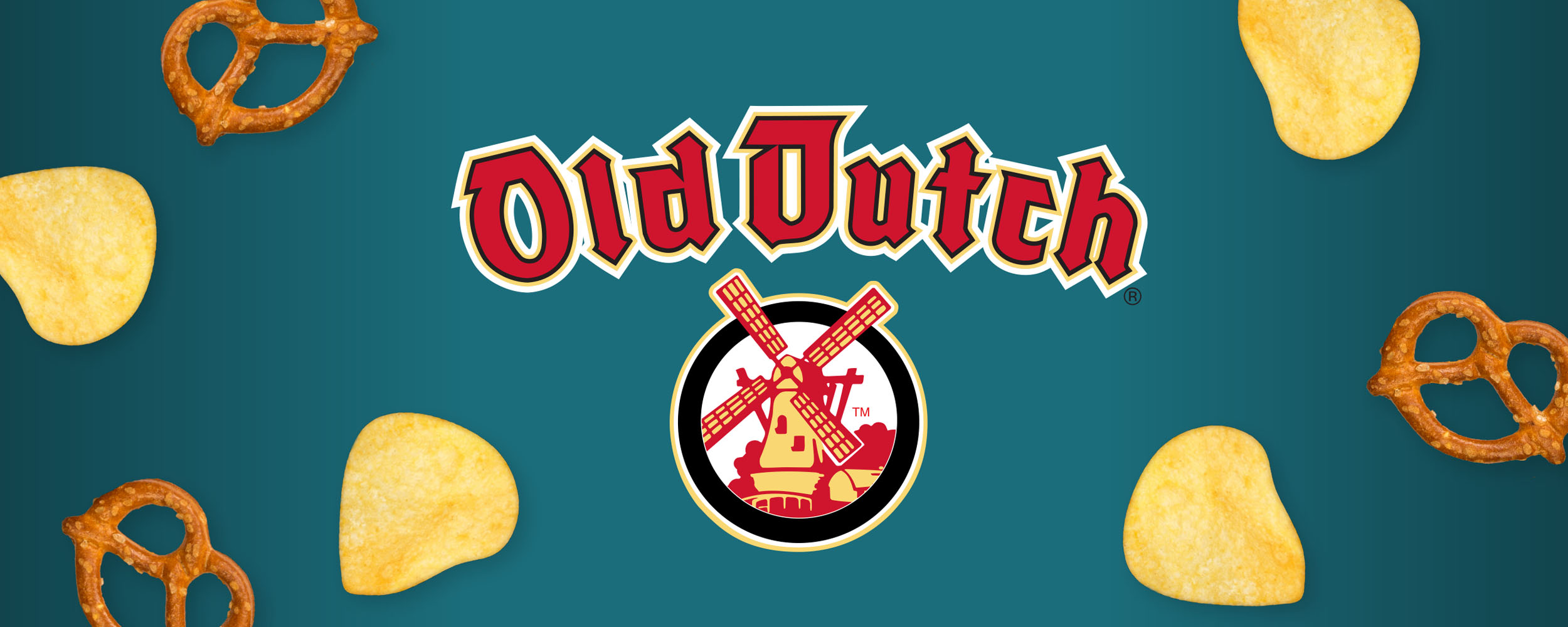 Old Dutch logo banner with floating chips and pretzels