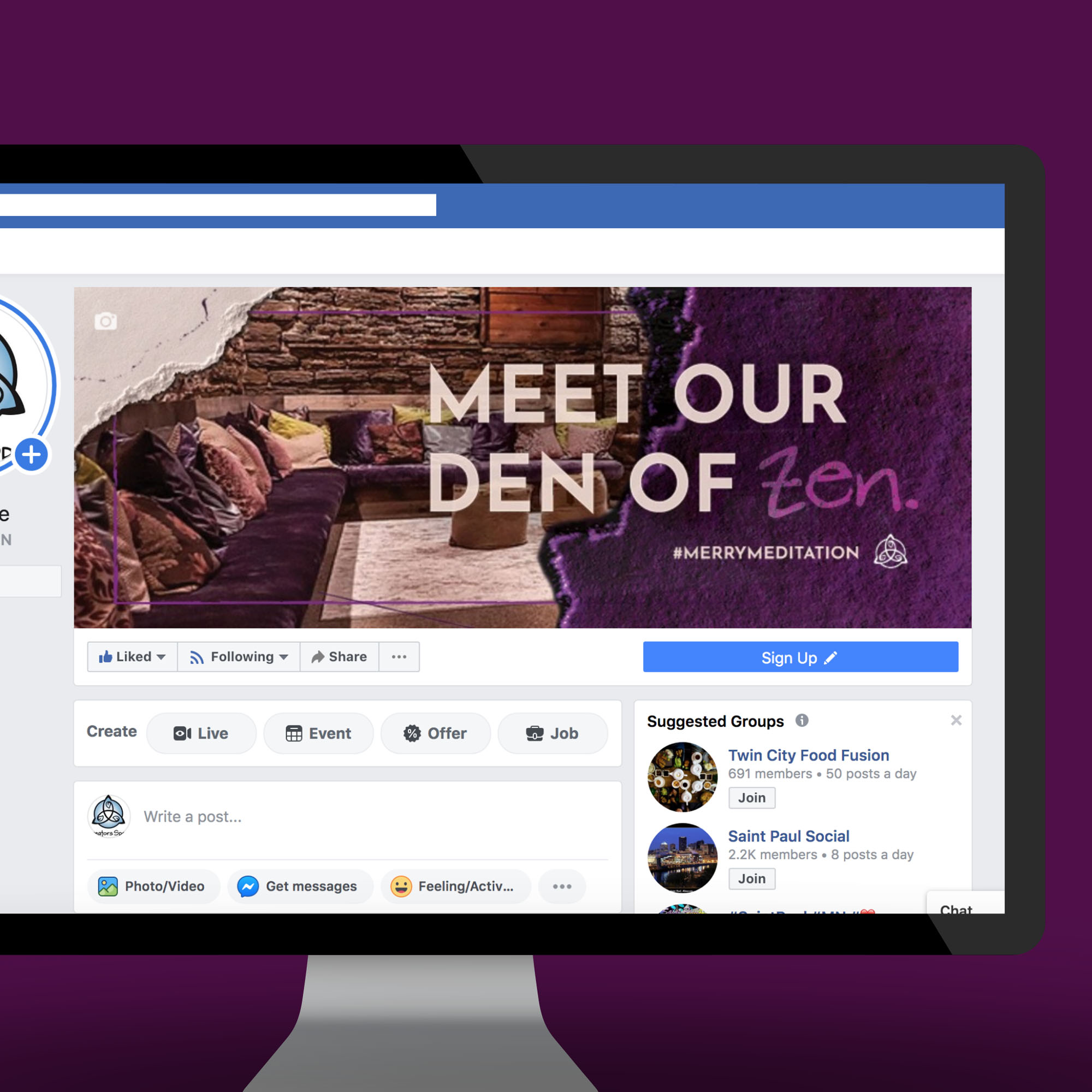 demonstration of Facebook banner ad for creator space with tagline meet our den of zen