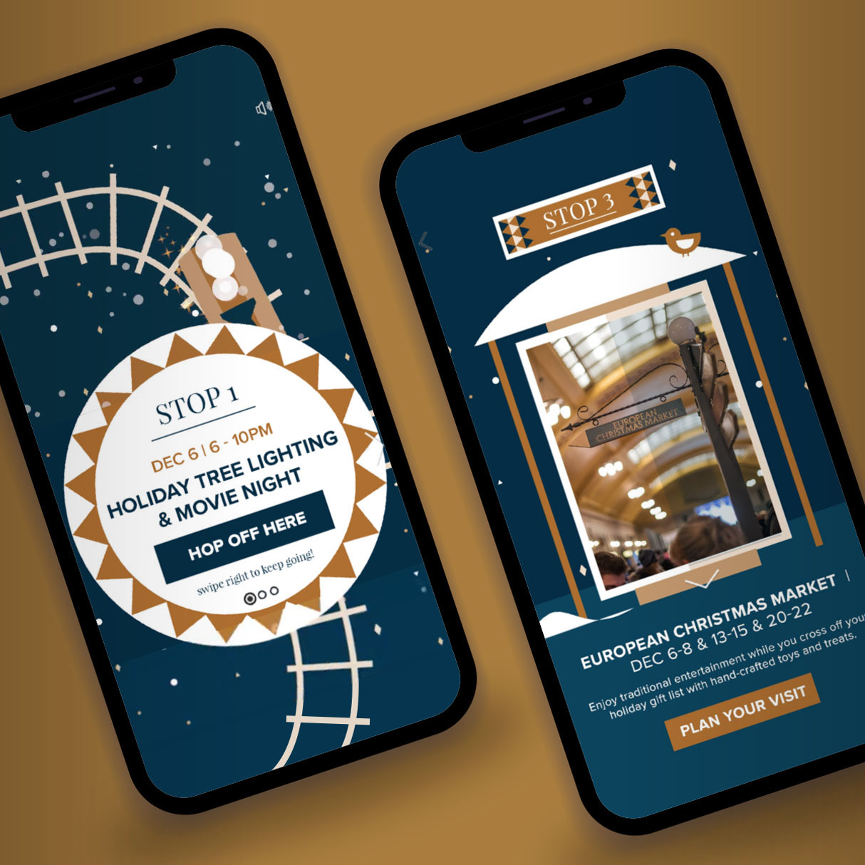 two mobile devices displaying digital ad event campaign for holiday market and tree lighting events
