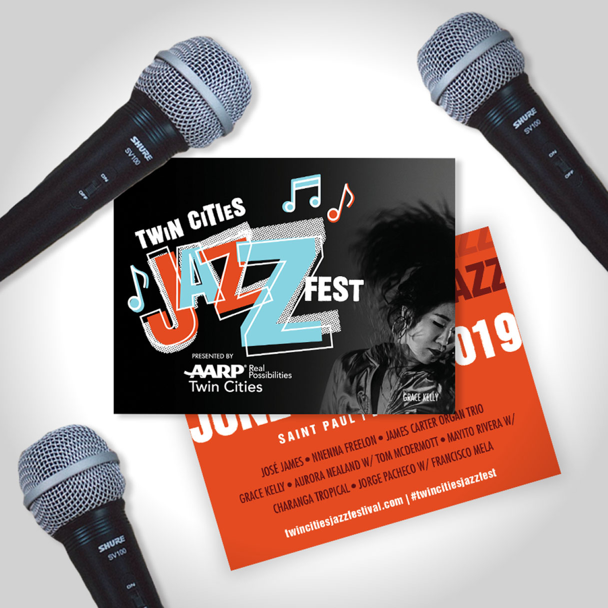 Printed postcards for Twin Cities Jazz Fest with microphones