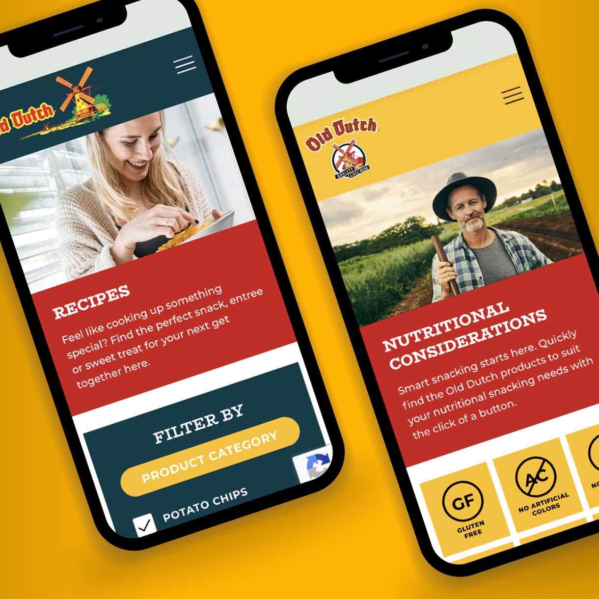 mobile devices display recipe and nutrition pages of responsive website for snack chip brand