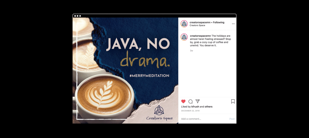 Facebook post of latte art for creatorspace with tagline java, no drama, merrymeditation