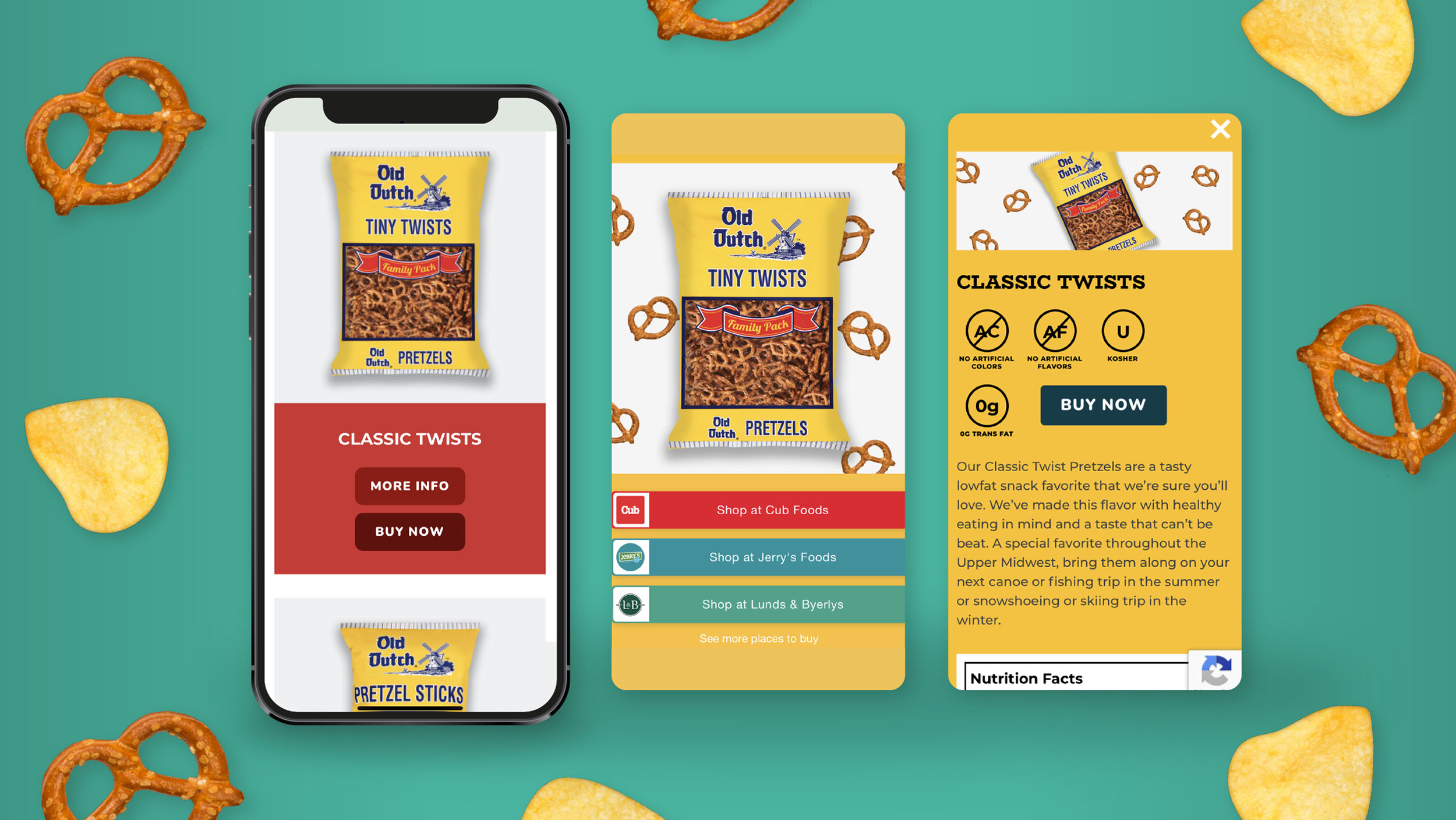 mobile device displays designs for snack chip brand pretzel campaigns