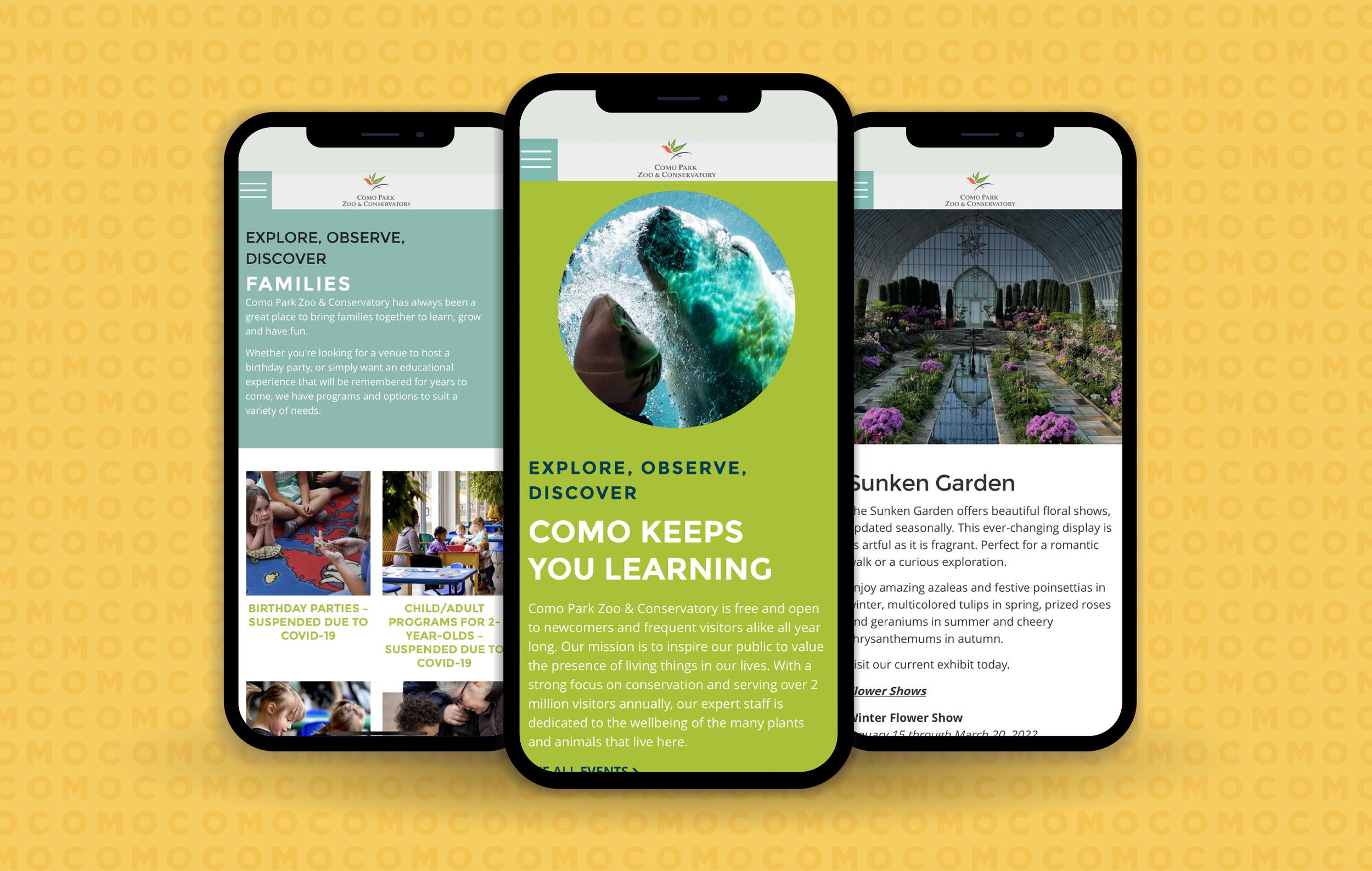 three mobile devices display pages of professionally designed responsive website for Como Zoo
