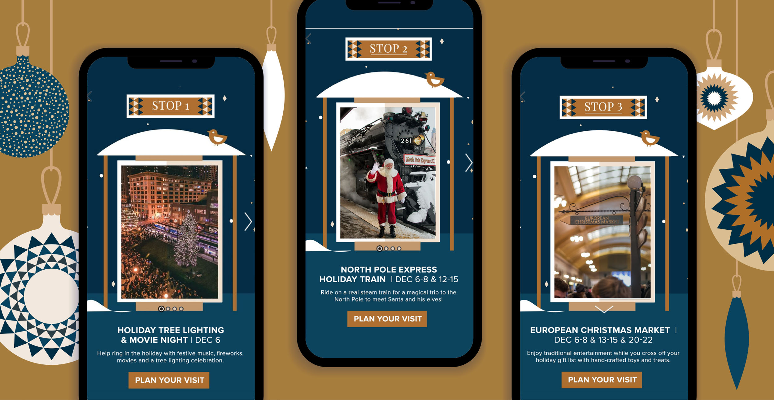 collection of cell phones displaying holiday market events