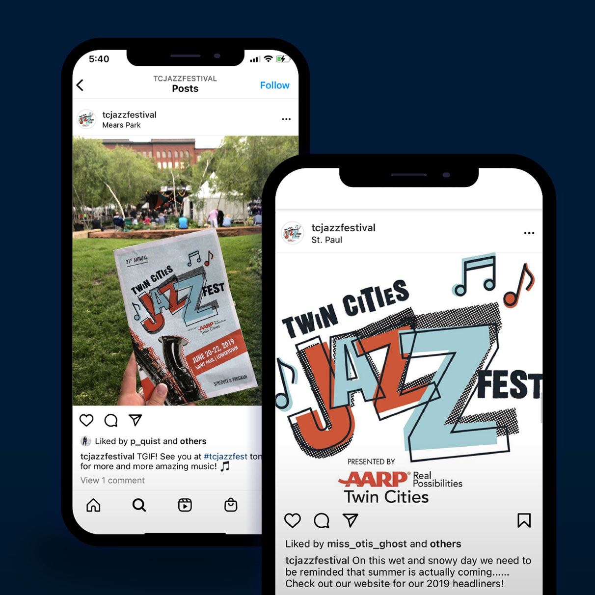 Two mobile devices display social media posts for Twin Cities Jazz Fest