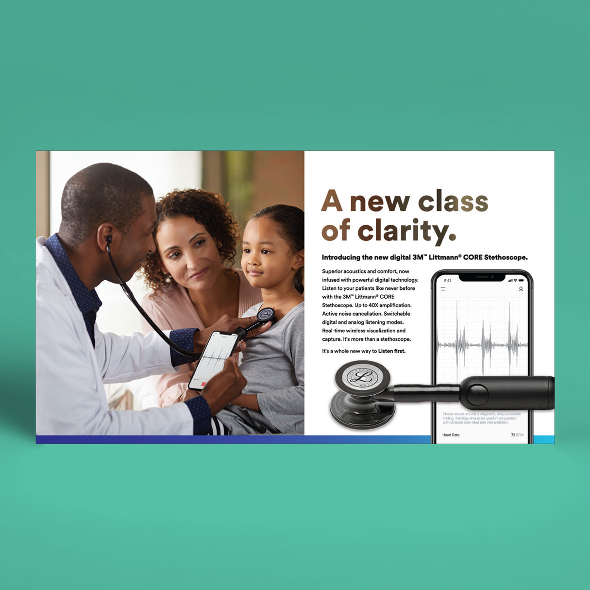 banner ad campaign for integrated mobile application for stethoscope data African American doctor takes reading of child's heart