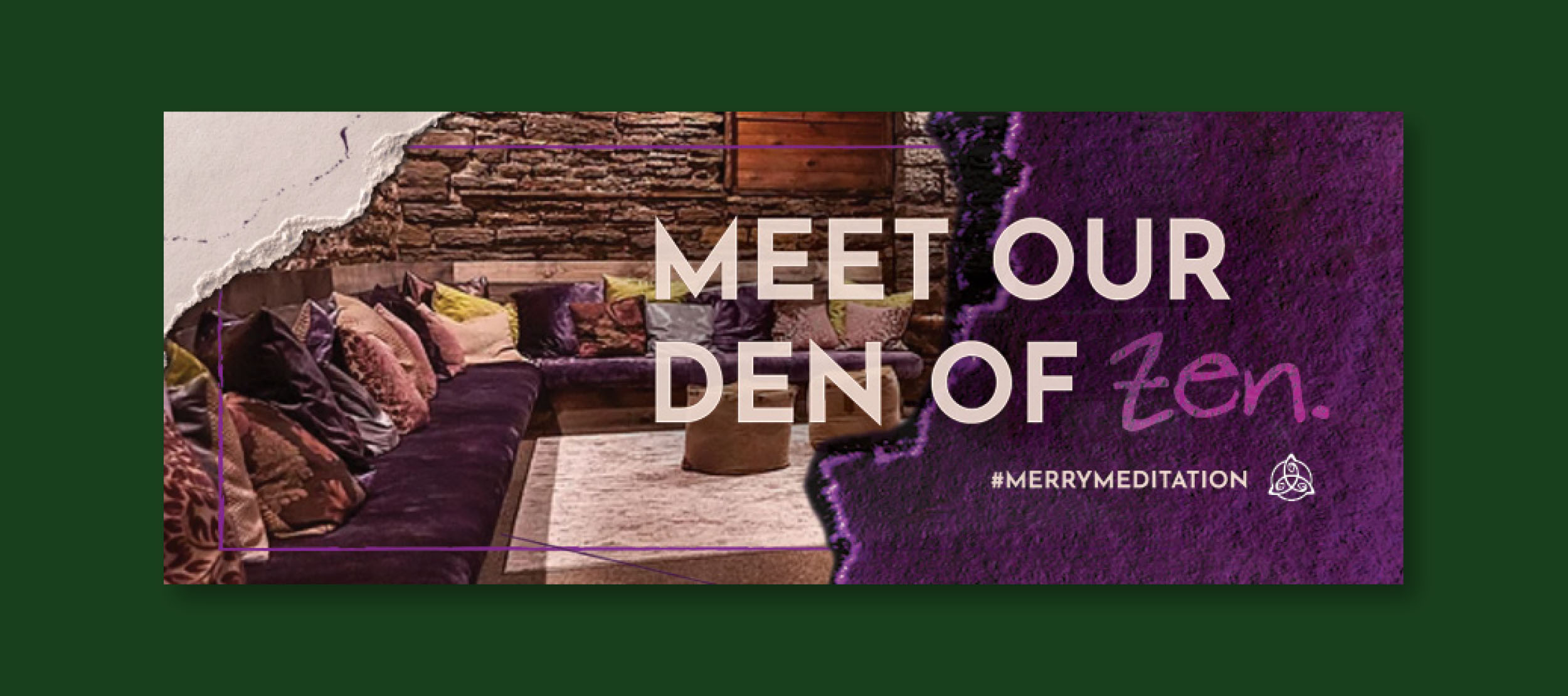 branded image of rustic sofa with pillows for #merrymeditation ad campaign