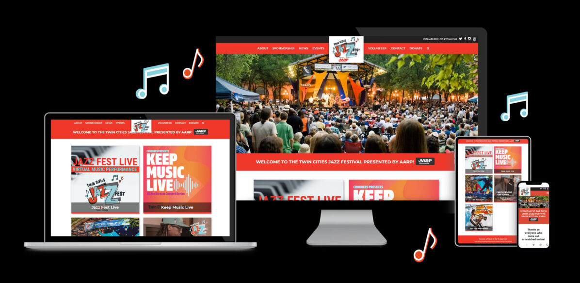 Various devices display responsive website pages for Twin Cities Jazz Fest