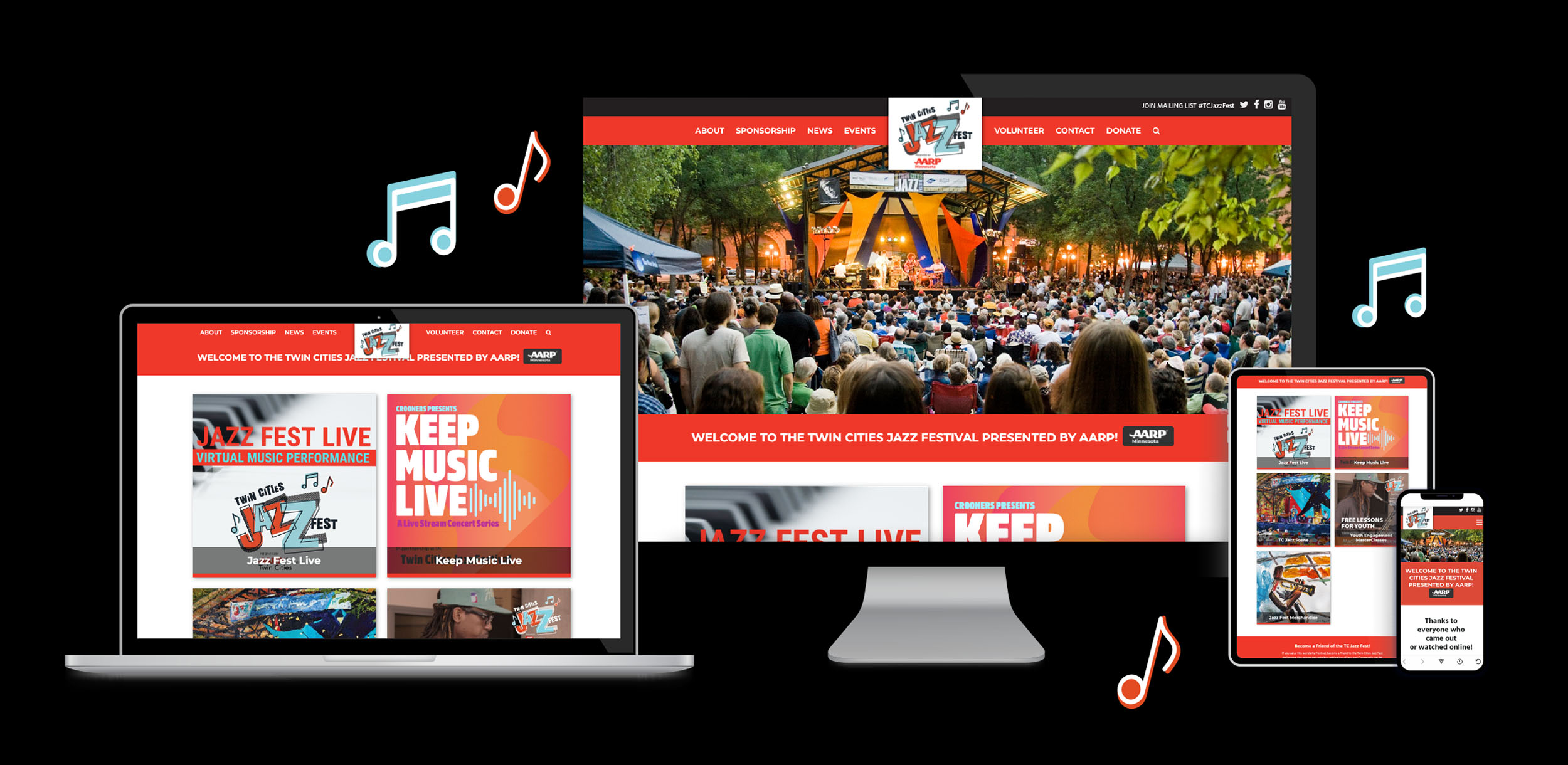 Various devices display responsive website pages for Twin Cities Jazz Fest