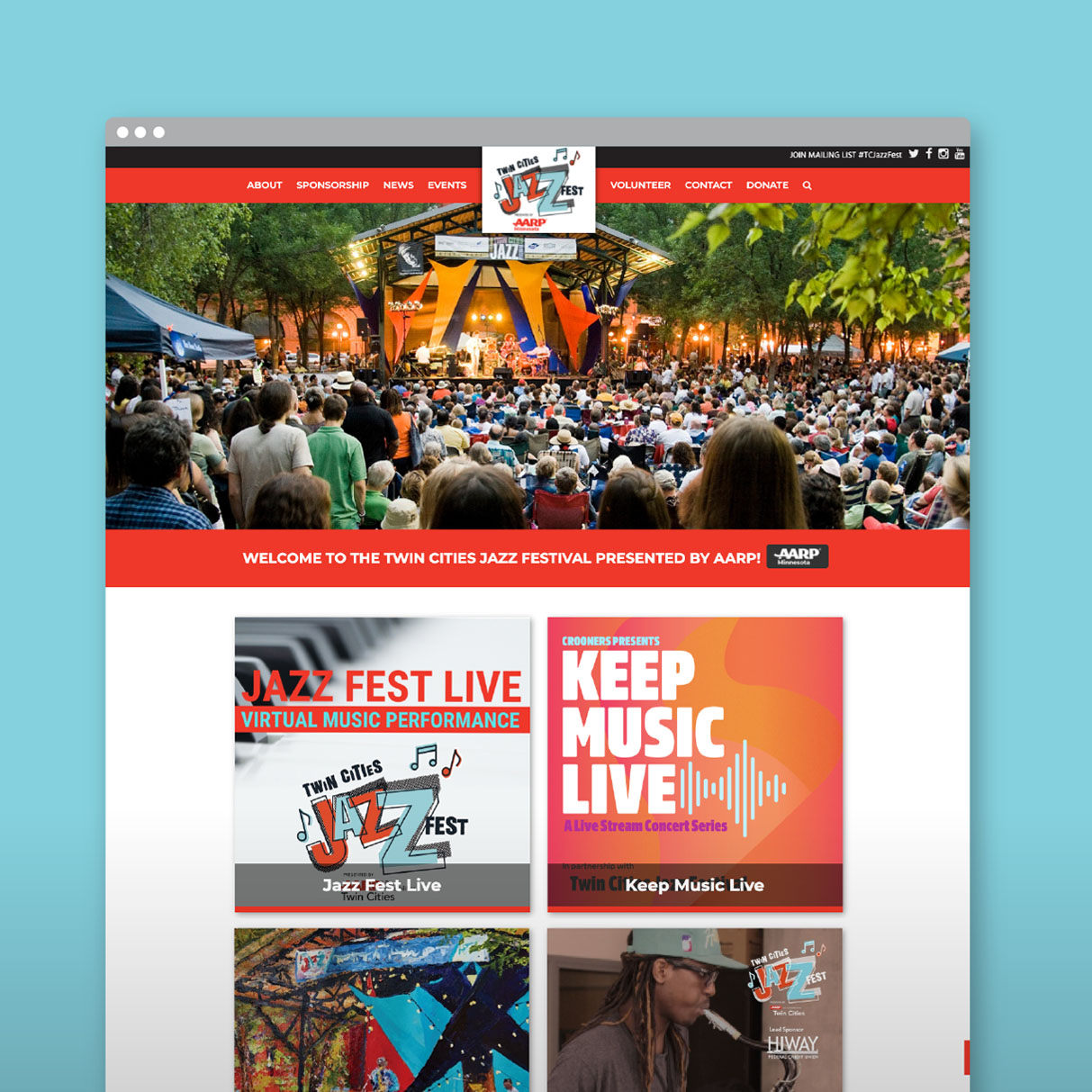 Modern web browser displays responsive website for Twin Cities Jazz Fest