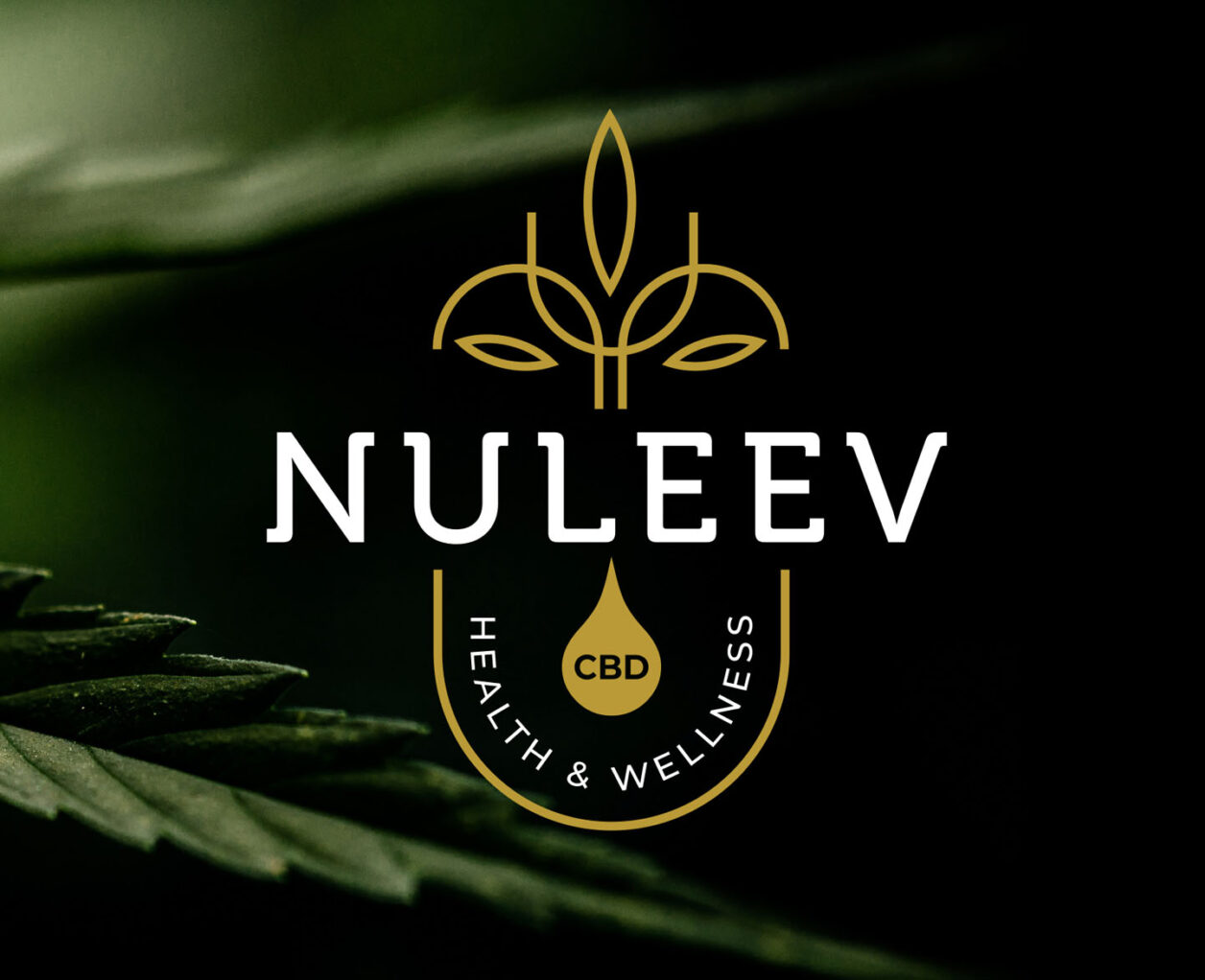 Nuleev CBD wellness brand mark with cannabis leaf in background