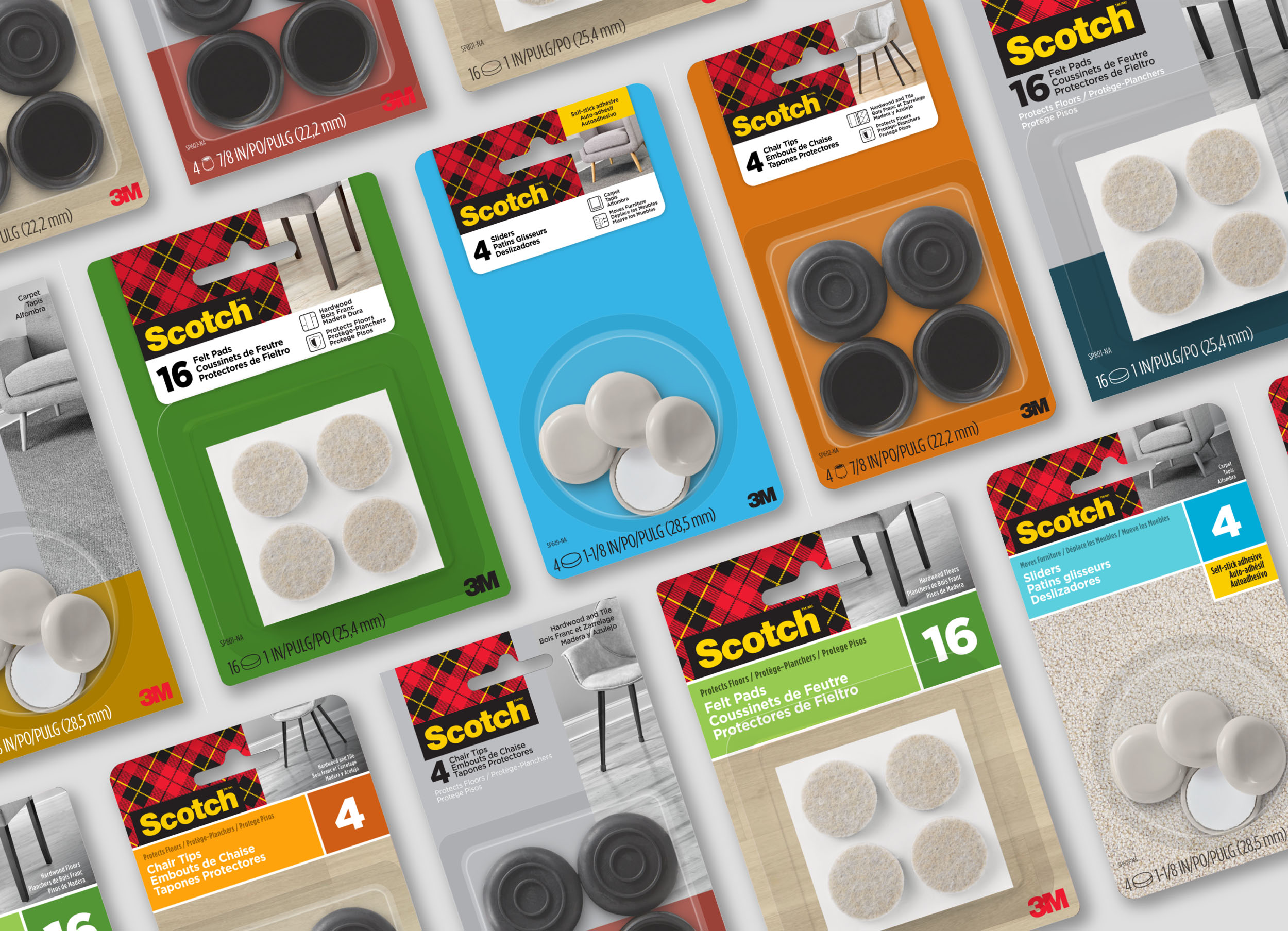 collection of 3M packaging examples for chair tips and pads