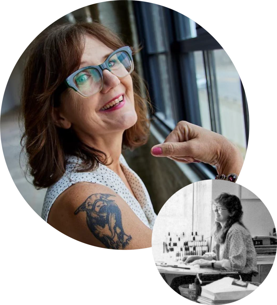 casual headshot and historic image of Spot founder Patty Voje